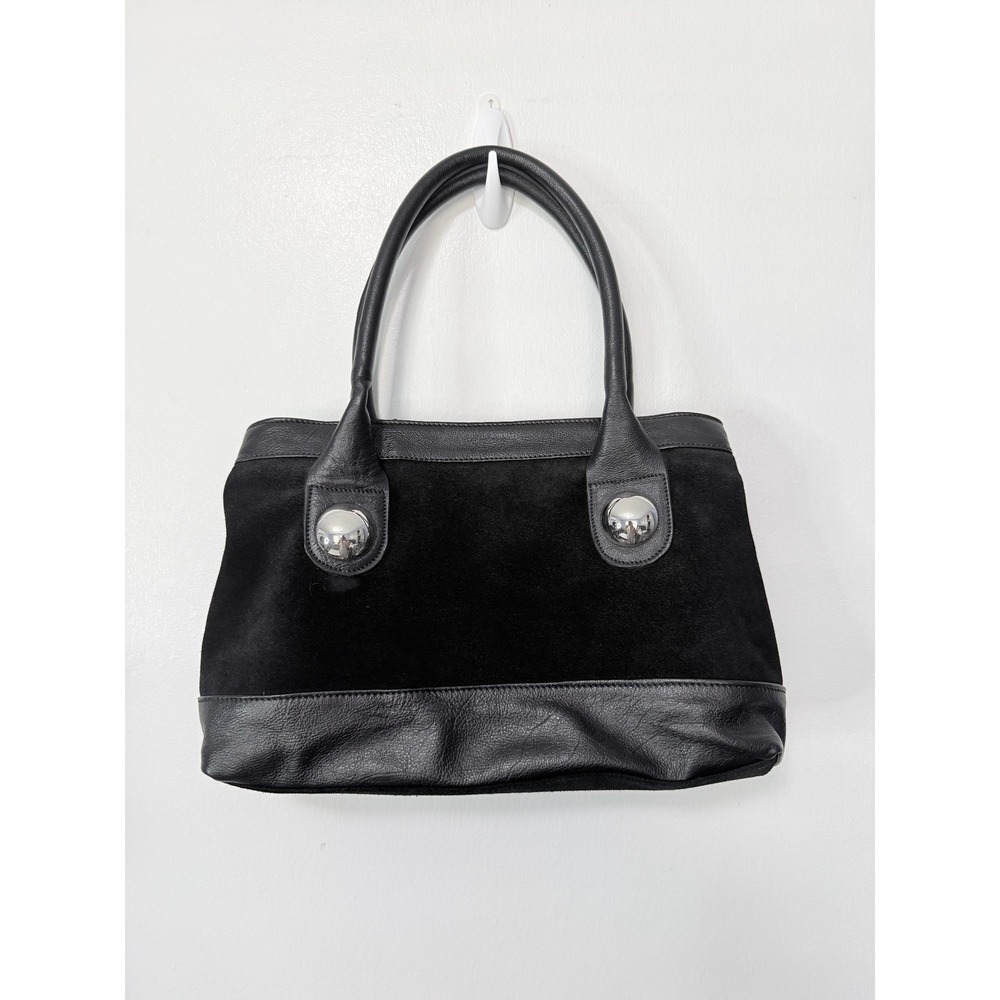 VTG Vera Pelle Italy Black Suede Leather Shoulder Tote Bag Silver Dome Buttons
